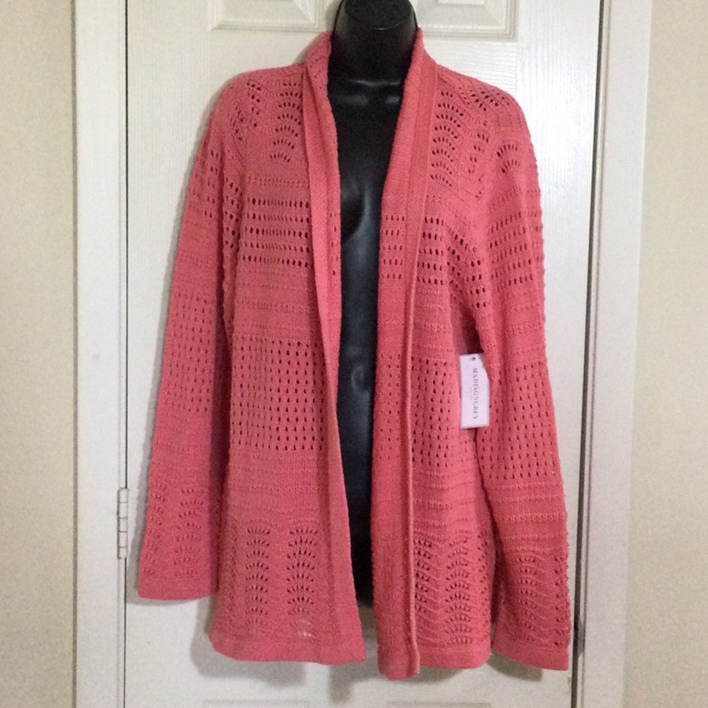 Open-Front Crochet Cardigan Sweater in Coral Pink